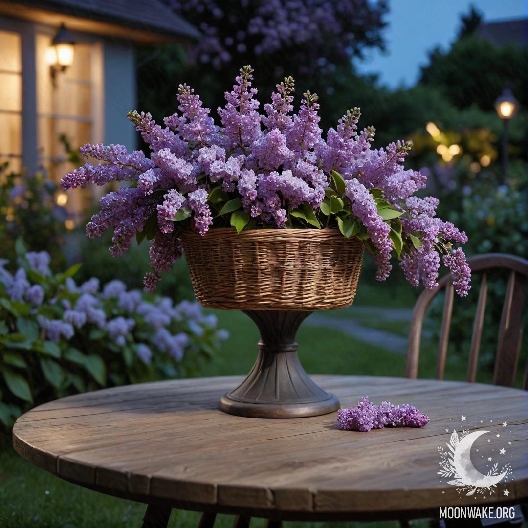 A vintage wooden table with a basket of lilacs in a garden at night.