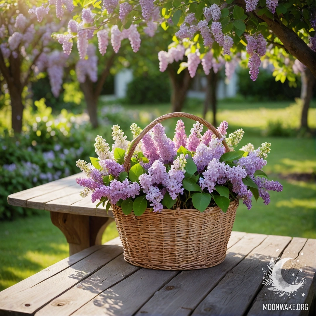 Vintage Table with Lilacs in Garden A vintage wooden table with a basket of lilacs amidst greenery and garland lights.