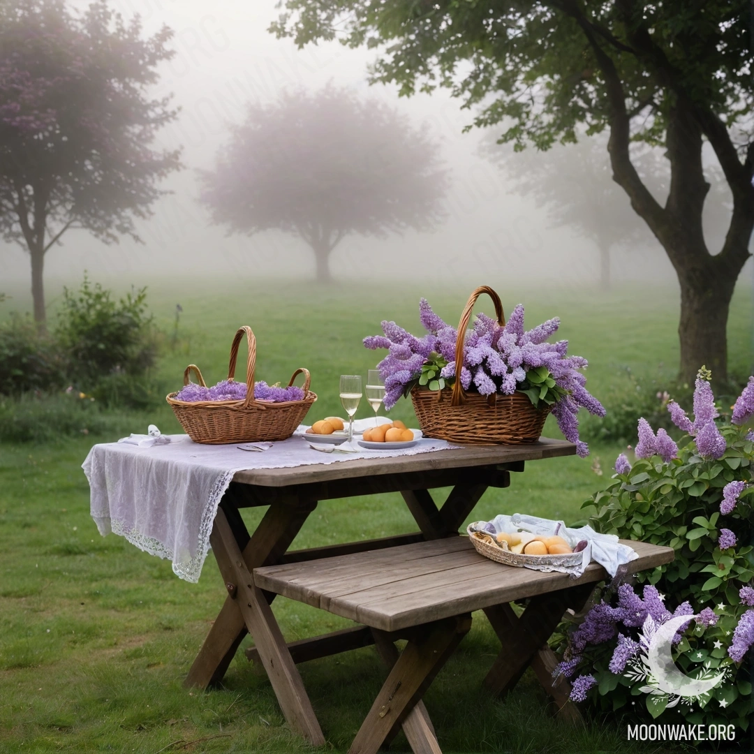 A vintage wooden table surrounded by a misty garden with lilacs in a basket.