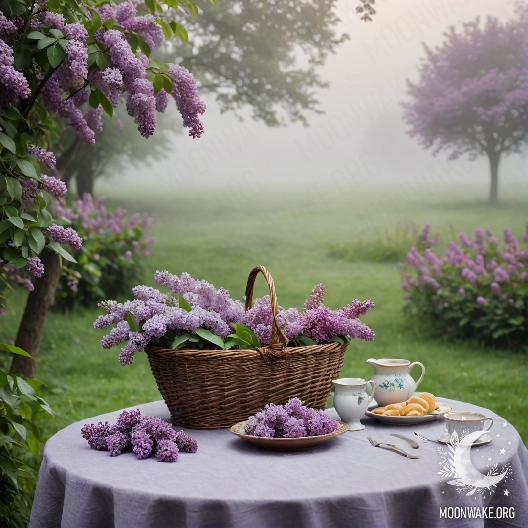 Vintage Table with Lilacs in Misty Garden A vintage wooden table with a basket of lilacs in a foggy garden.