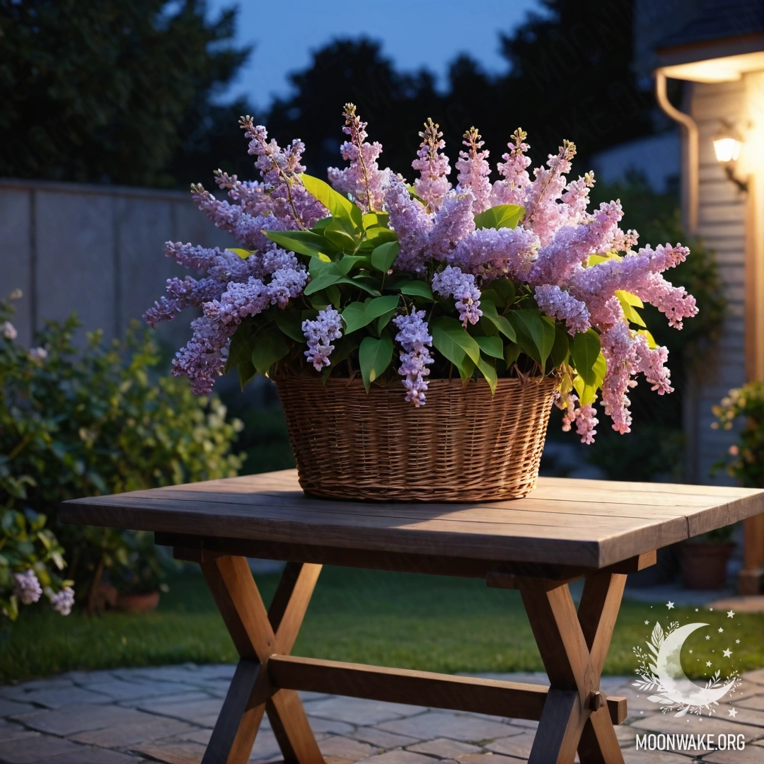 A wooden table with a basket of lilacs placed in a garden at night.