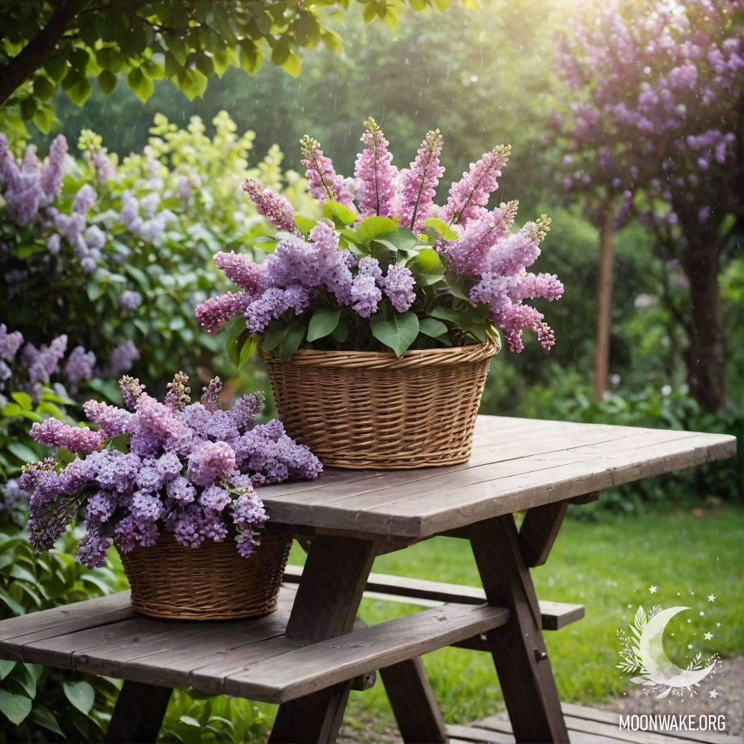 Vintage Table and Lilacs in the Rain A vintage wooden table with a basket of lilacs in a rainy garden.