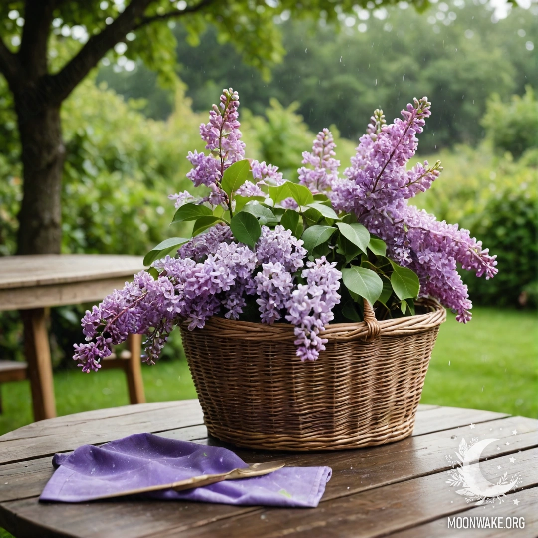 Vintage Table with Lilacs in the Rain A vintage wooden table with a basket of lilacs in a garden under the rain.