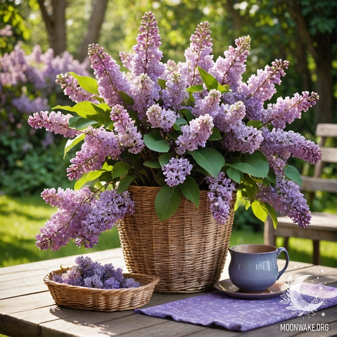 Vintage Table with Lilacs in Garden A vintage wooden table with a basket of lilacs set in a lush garden.