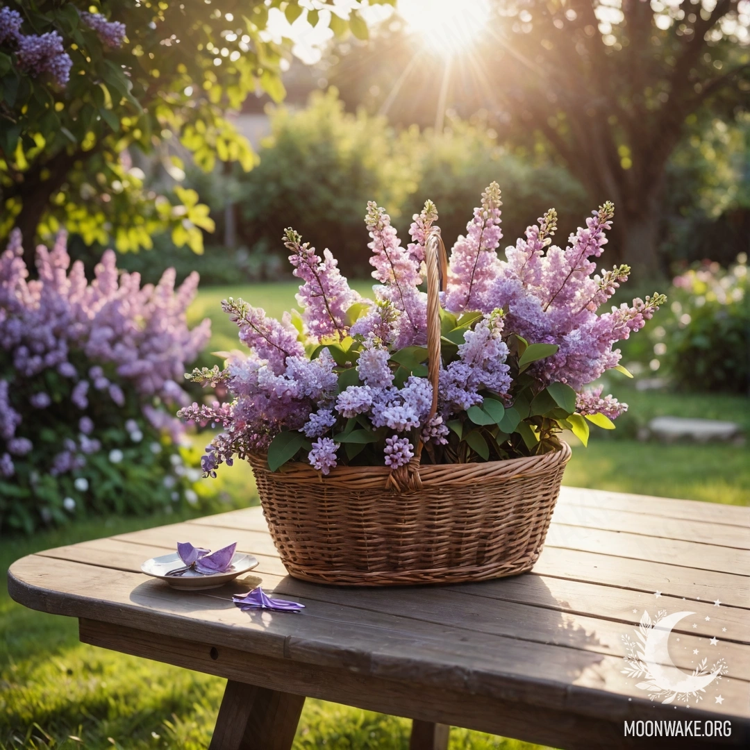 A vintage wooden table with a basket of lilacs in a garden at sunset.