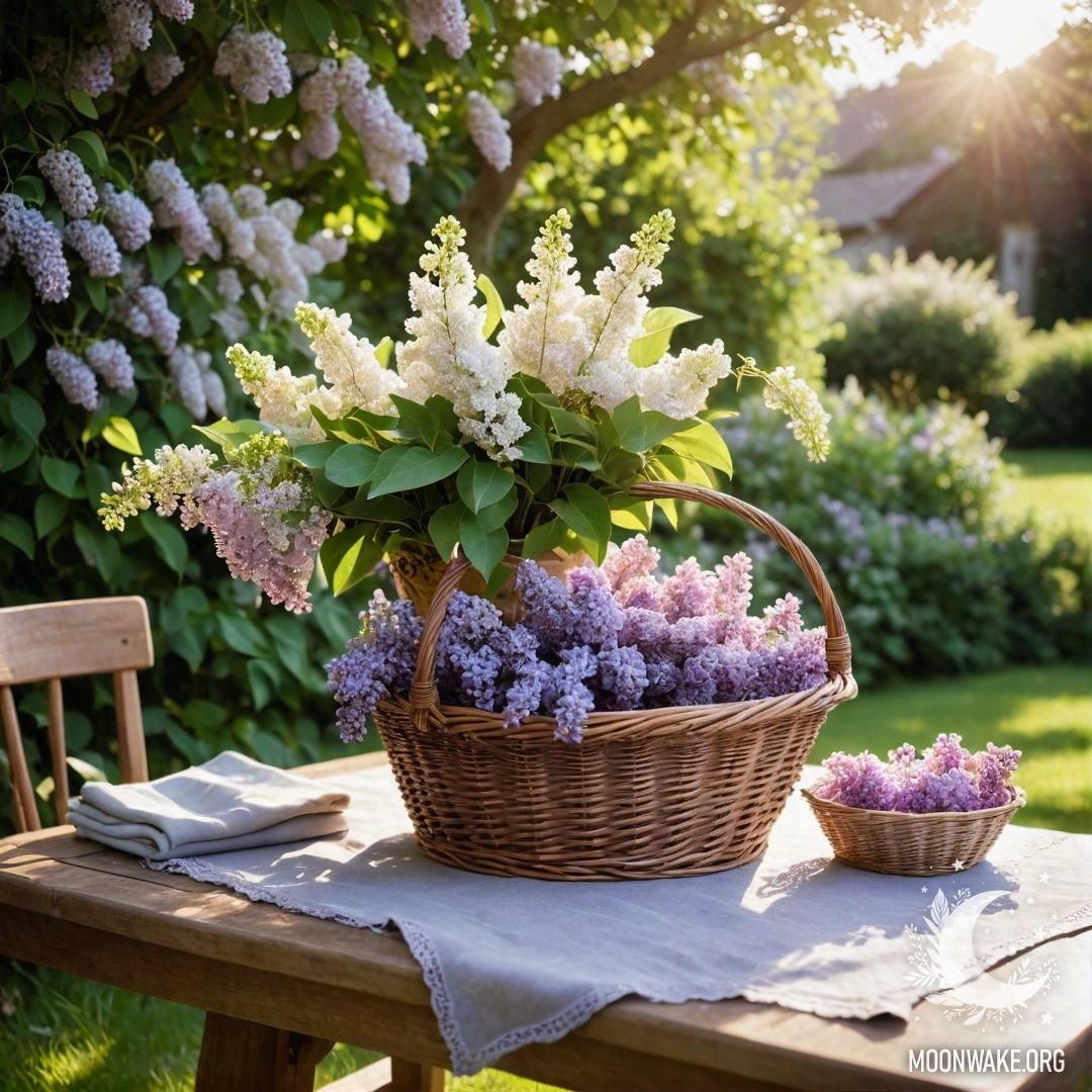 Vintage Table with Lilacs in Garden A vintage wooden table adorned with a basket of lilacs surrounded by a garden and garland lights.