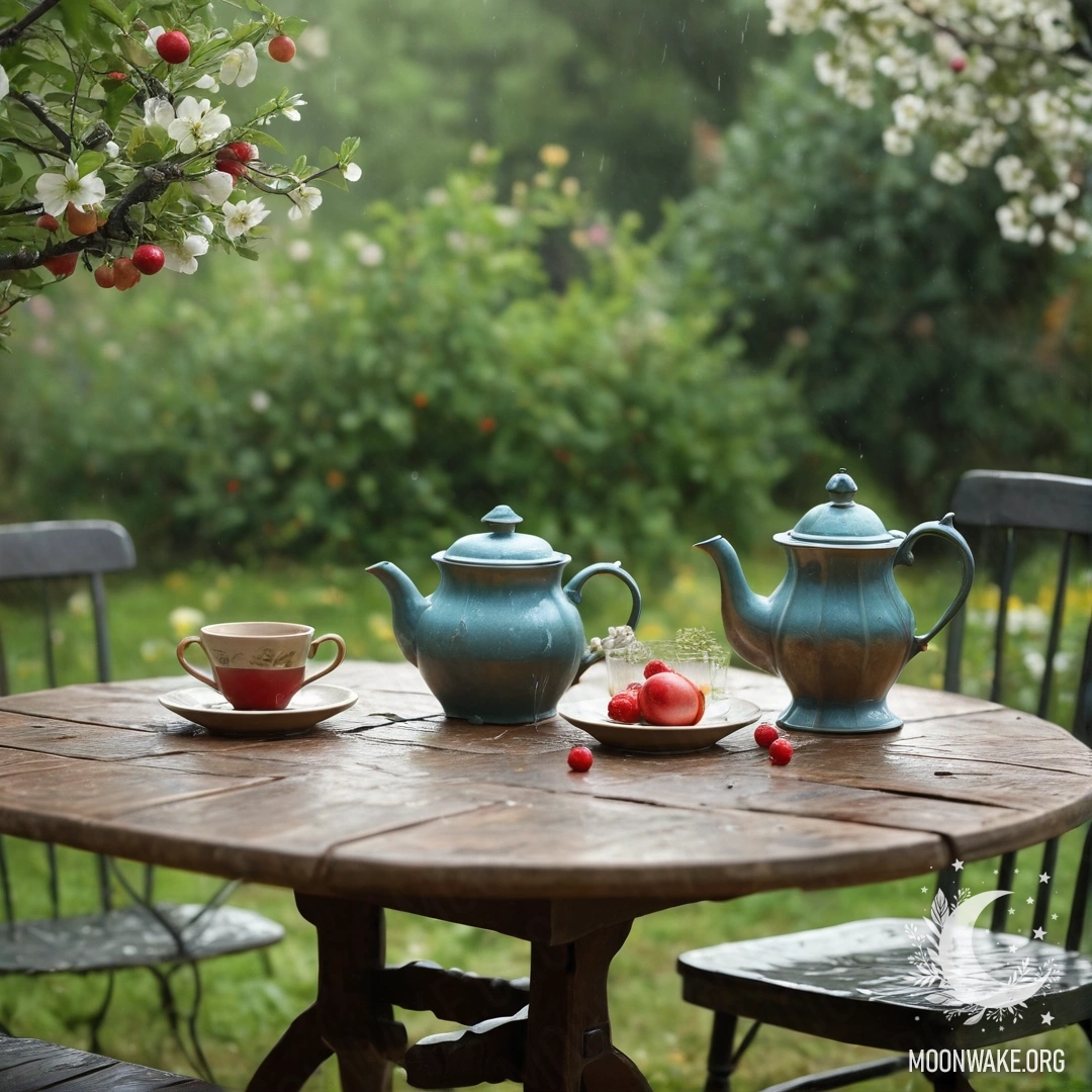 A vintage table set with cups, a teapot, berries, and flowers under an apple tree during the rain.