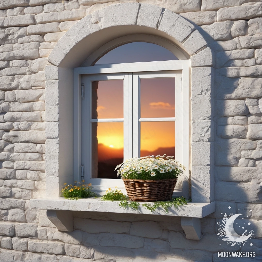 A vintage table in a garden, covered with cups, a teapot, berries, and flowers, beneath a blossoming apple tree in dense mist.