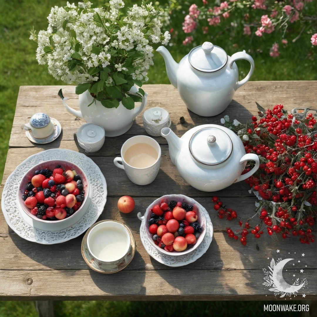 A shabby vintage table with cups, a teapot, berries, milk, and flowers under a blossoming apple tree.