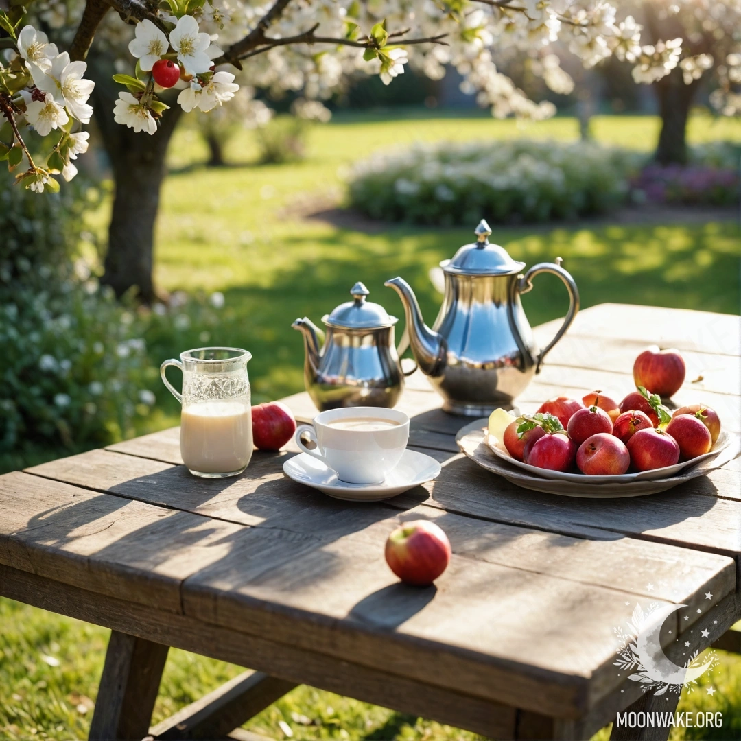 A shabby vintage table in a garden under an apple tree, adorned with cups, a teapot, berries, flowers, and a bottle of milk, illuminated by sun rays.