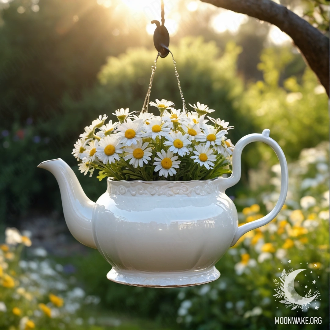 A vintage teapot hanging on a hook, filled with daisies, set against a garden backdrop with bokeh lights.