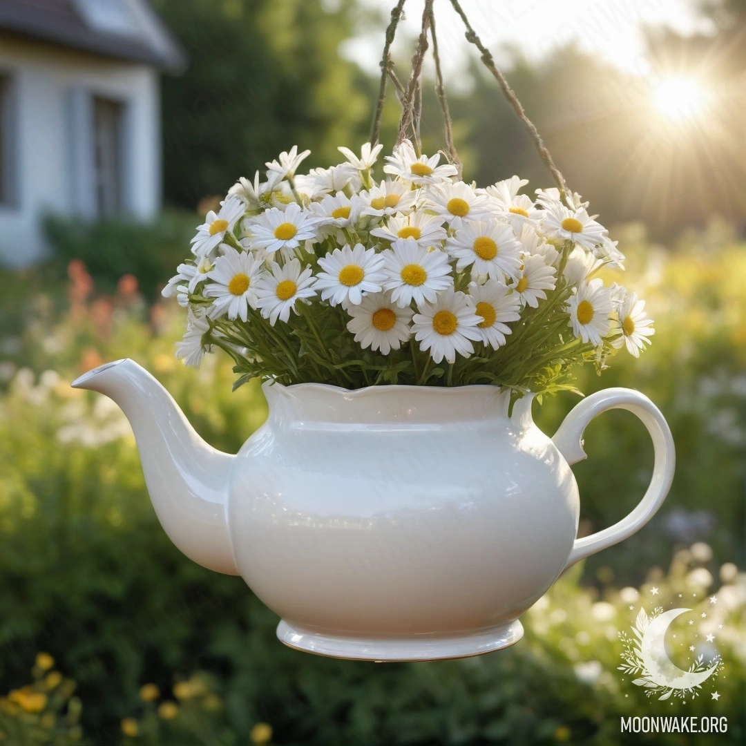 A vintage teapot hung on a hook with a bouquet of daisies inside