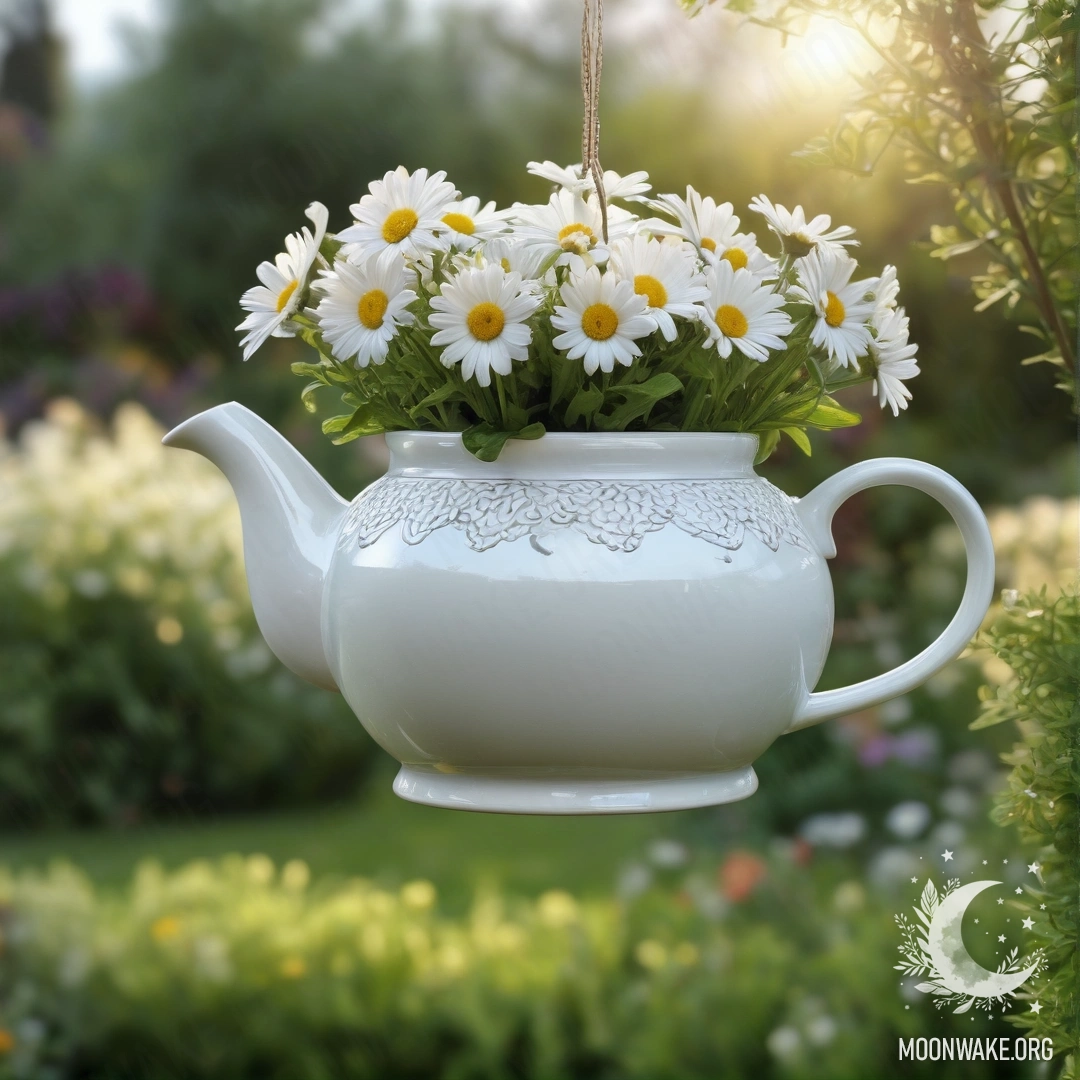 A vintage teapot hanging on a hook, filled with daisies, against a garden bokeh background with lights.