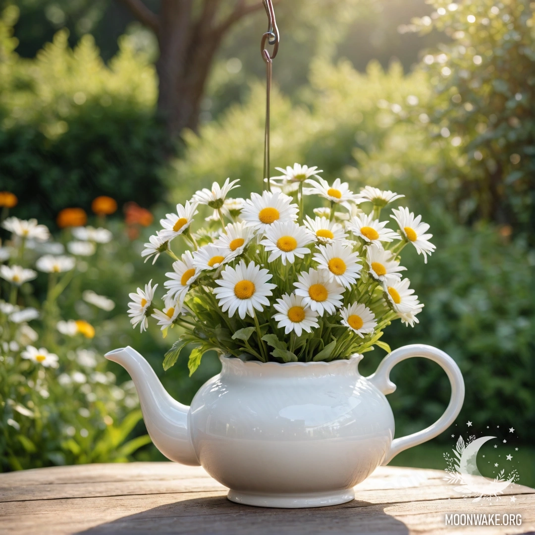 Vintage Teapot with Daisies A vintage teapot hanging with a bouquet of daisies inside, blurred garden background.