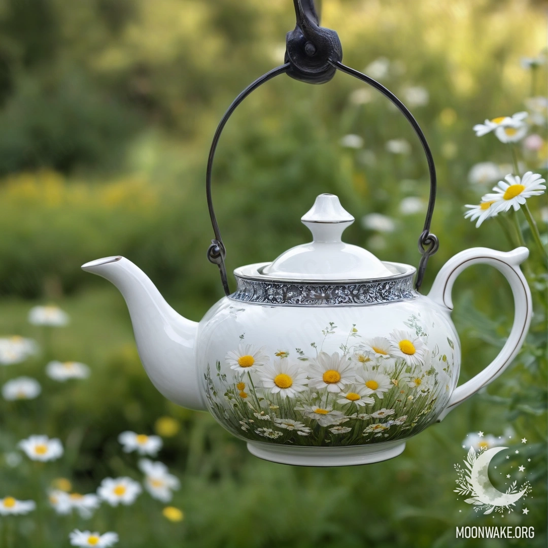 A shabby vintage teapot hanging on a hook, filled with daisies and marguerites, against a garden bokeh background.