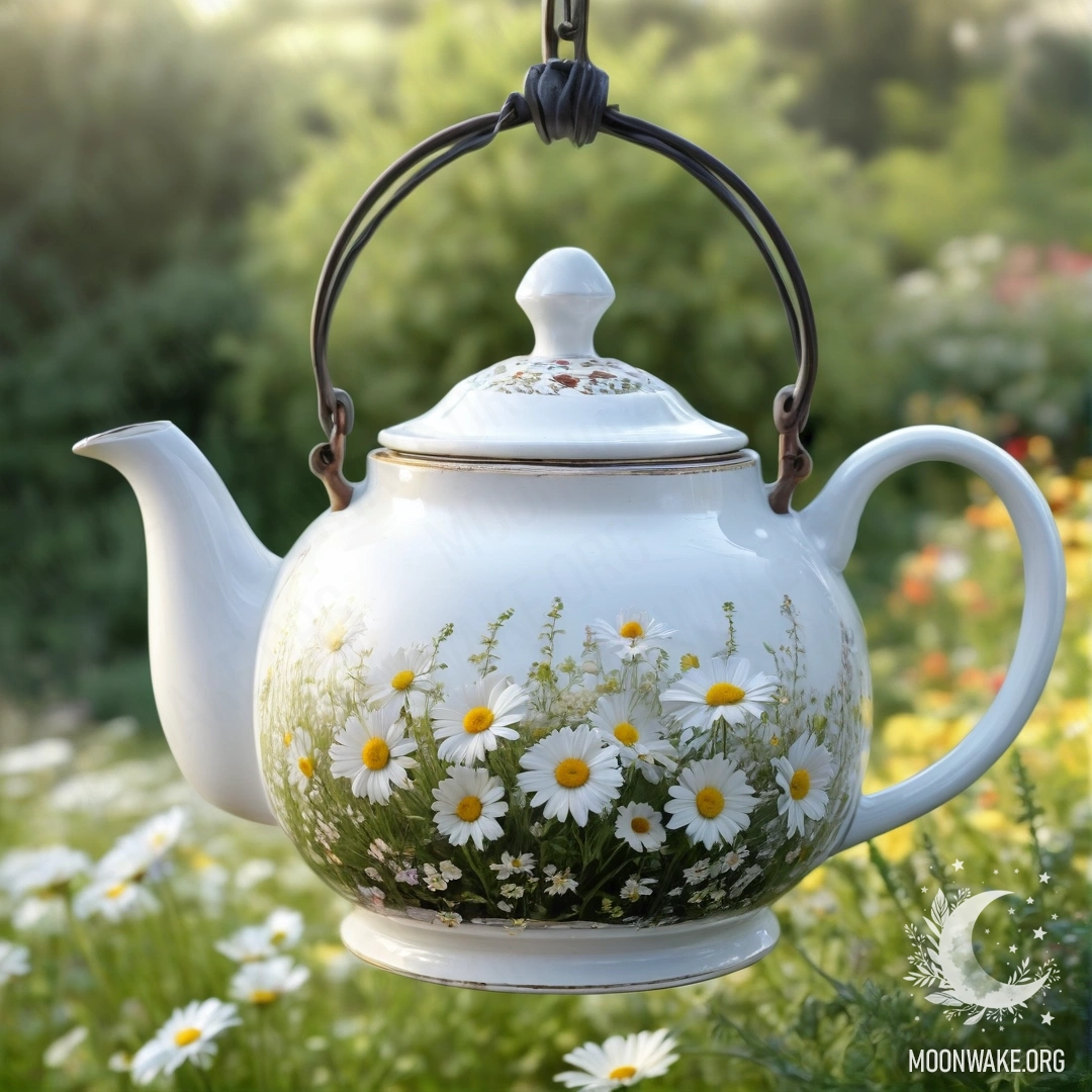 Vintage Teapot with Daisies in Garden Bokeh A vintage teapot hanging on a hook, filled with a bouquet of daisies, with a soft garden bokeh background.