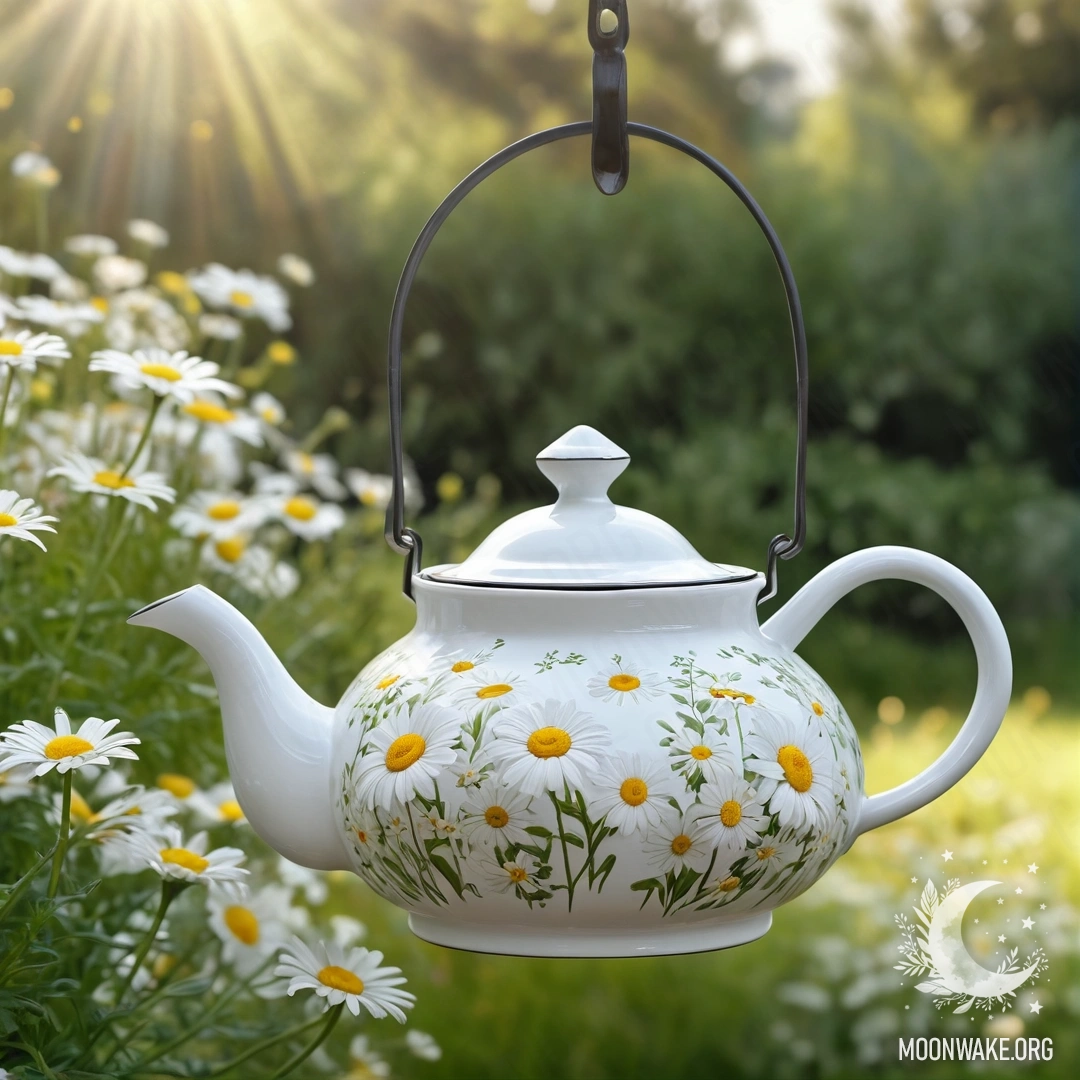 A vintage teapot hangs from a hook, filled with daisies against a bokeh garden background.
