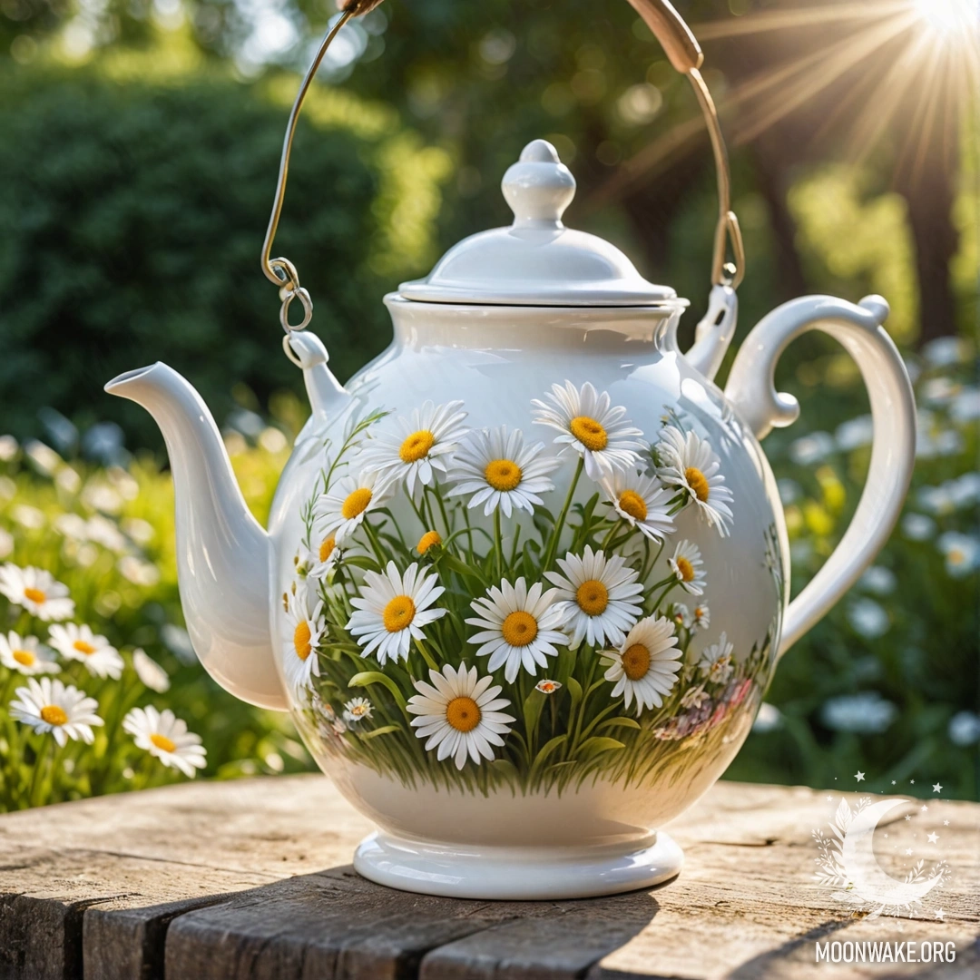 Vintage Teapot with Daisies A vintage teapot hanging on a hook filled with daisies and marguerites.