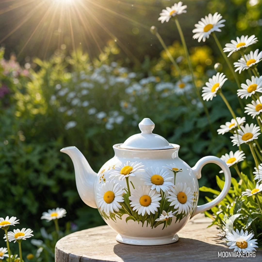 A vintage teapot hanging on a hook filled with daisies, against a bokeh garden background with sun rays.