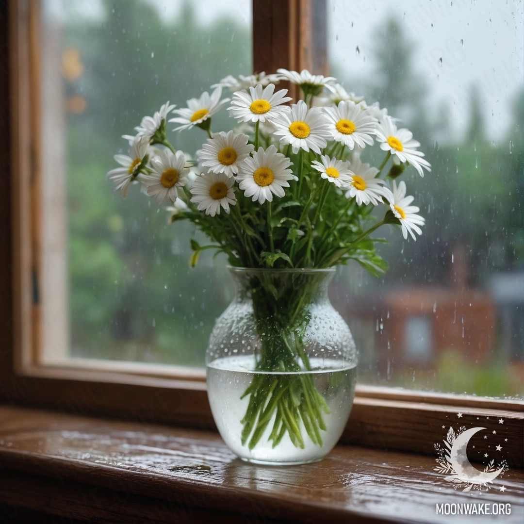 A glass vase with daisies resting on a wooden vintage windowsill under rain.