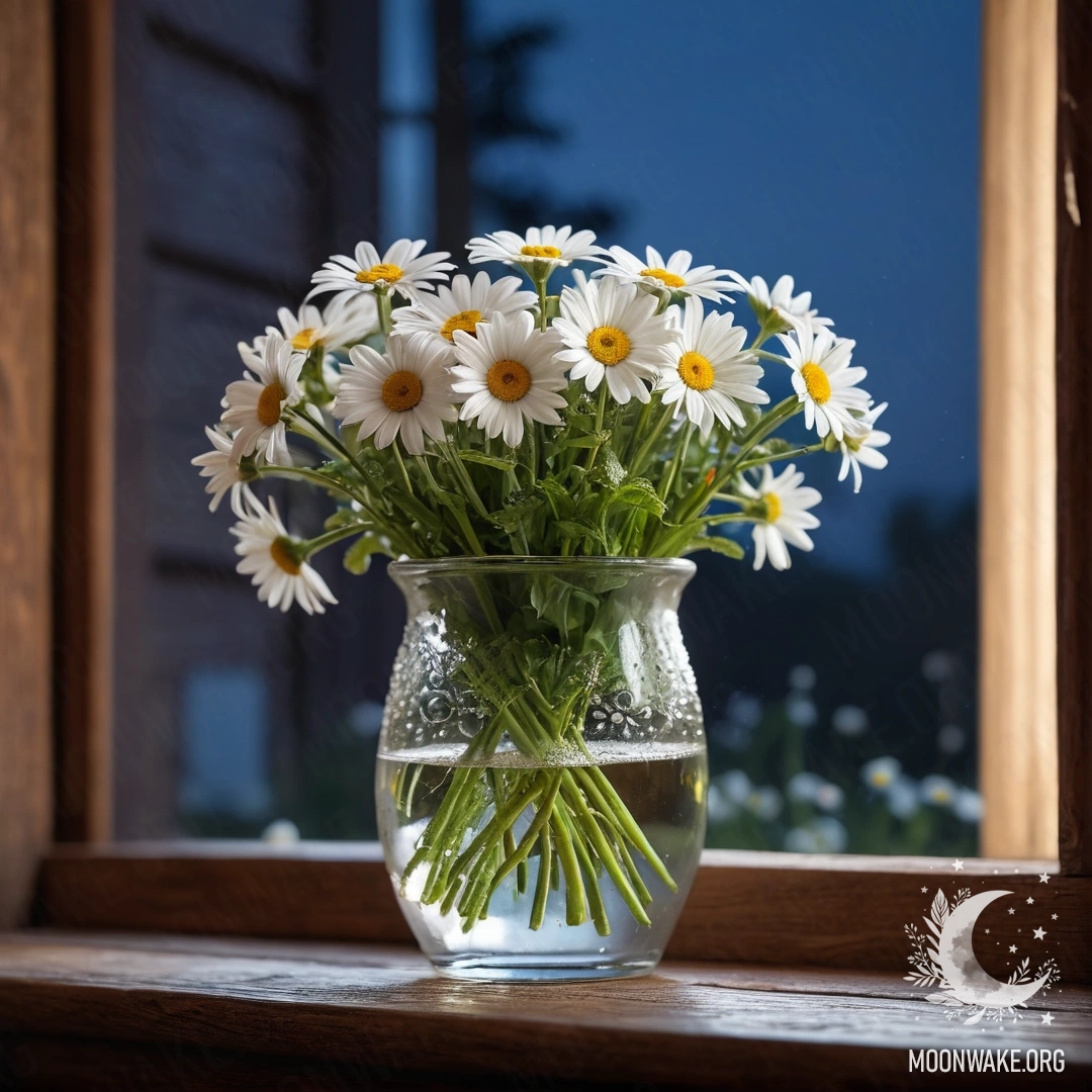 A glass vase filled with daisies sitting on a wooden vintage windowsill at night.