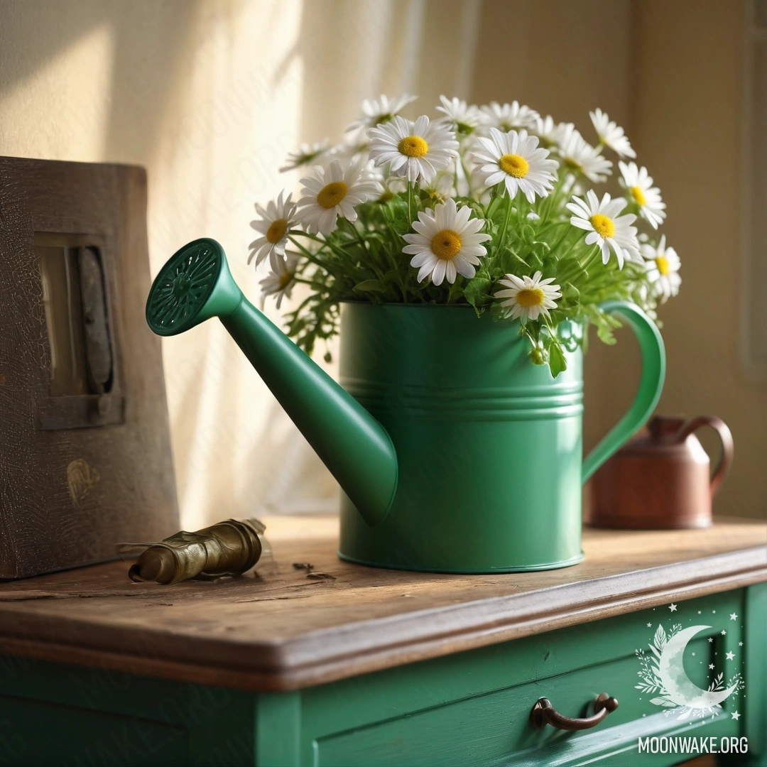A vintage green watering can resting on a nightstand, adorned with daisies illuminated by sun rays.