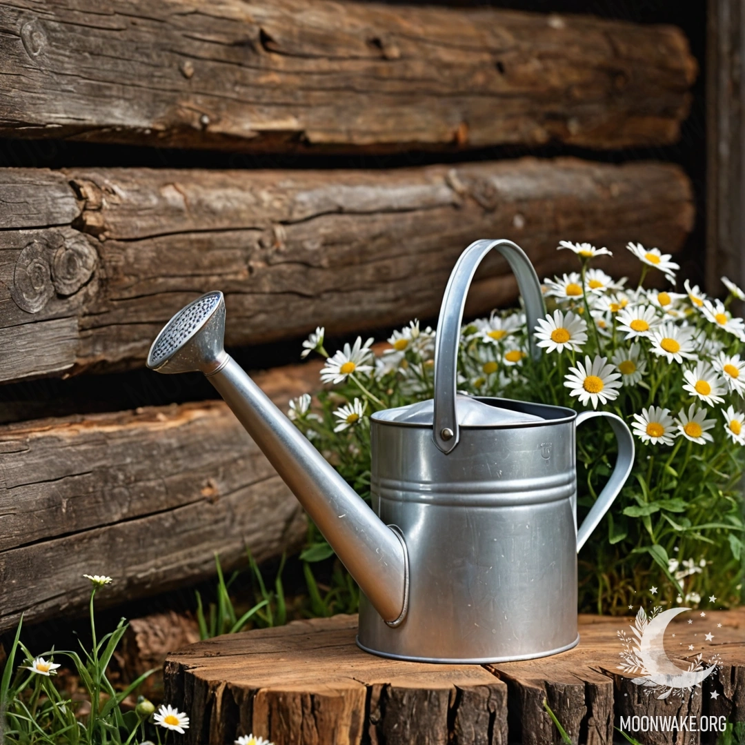 Vintage Watering Can with Daisies A vintage shabby watering can surrounded by daisies and field herbs against a log wall at night.