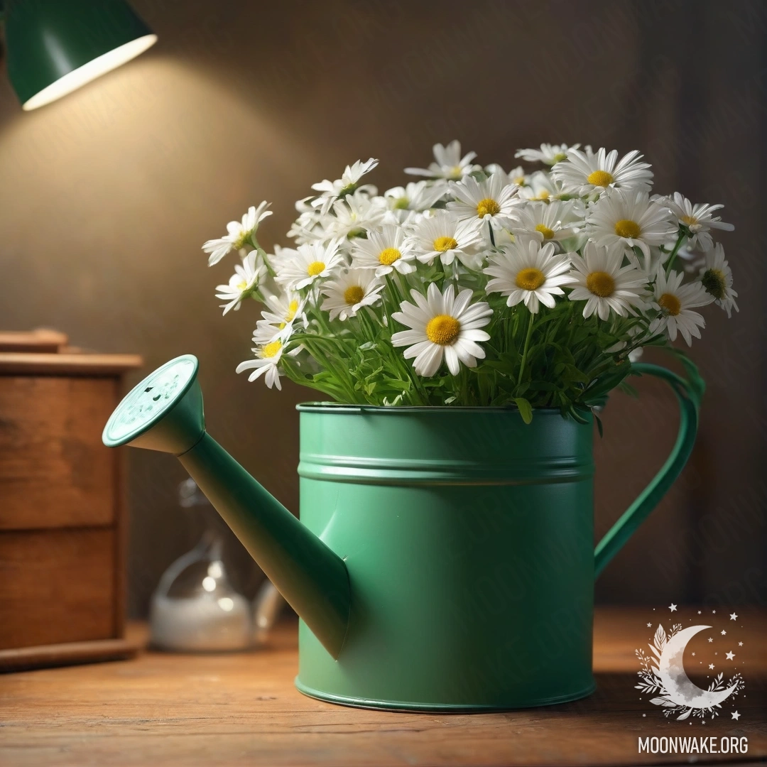 A vintage green watering can adorned with daisies on a nightstand.
