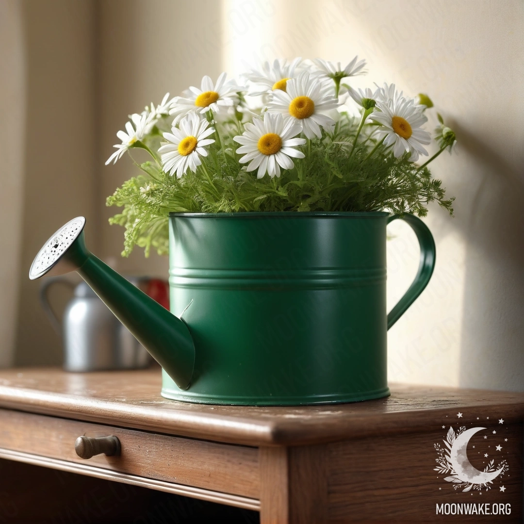 Photorealistic depiction of a vintage green watering can with daisies on a nightstand, illuminated by soft sun rays.