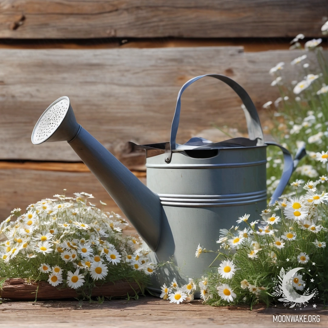 A vintage shabby watering can surrounded by daisies and field herbs on a wood wall background, illuminated by sun rays.