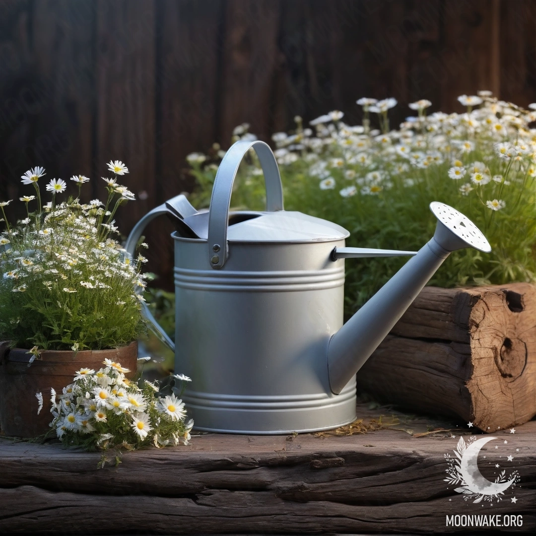Vintage Watering Can with Daisies A vintage shabby watering can filled with daisies and field herbs against a log wall at night.