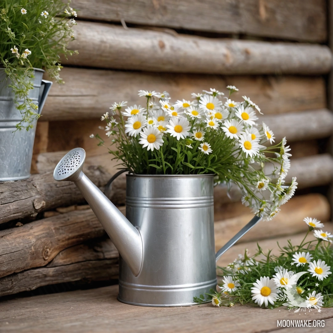 Vintage Watering Can with Daisies A vintage shabby watering can filled with daisies and field herbs against a log wall.