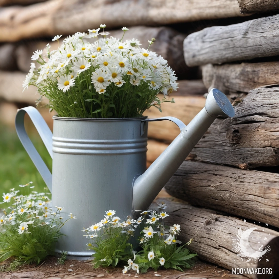 A vintage shabby watering can filled with daisies and field herbs against a log wall.