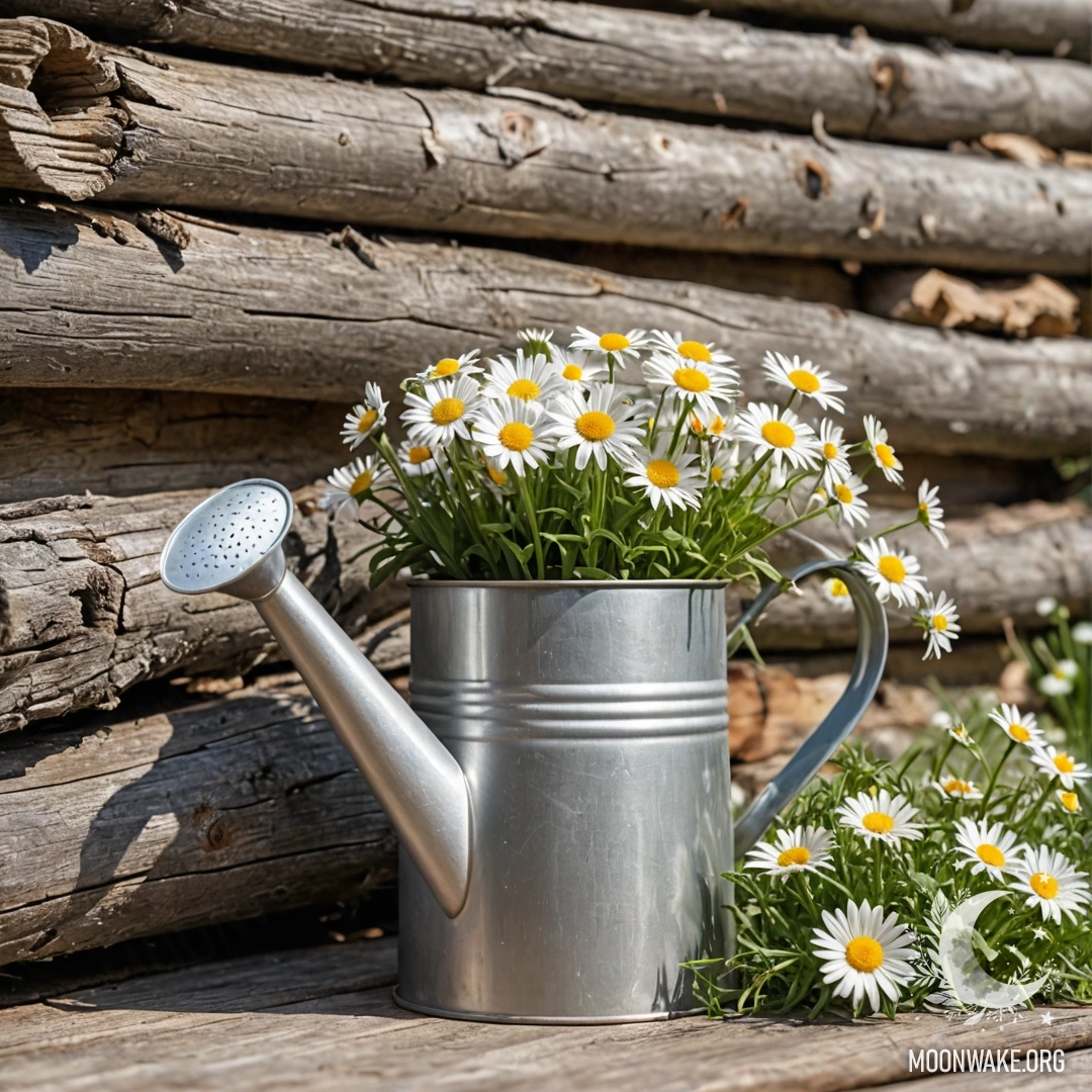 Vintage Watering Can with Daisies A vintage shabby watering can filled with daisies and field herbs, set against a log wall with sun rays shining through.