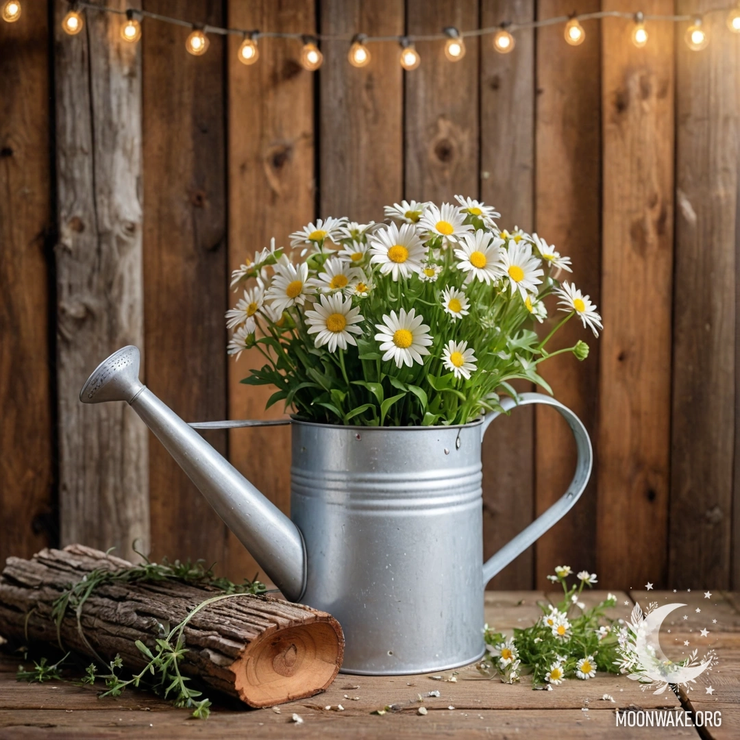 A vintage shabby watering can filled with daisies and herbs, against a log wall.