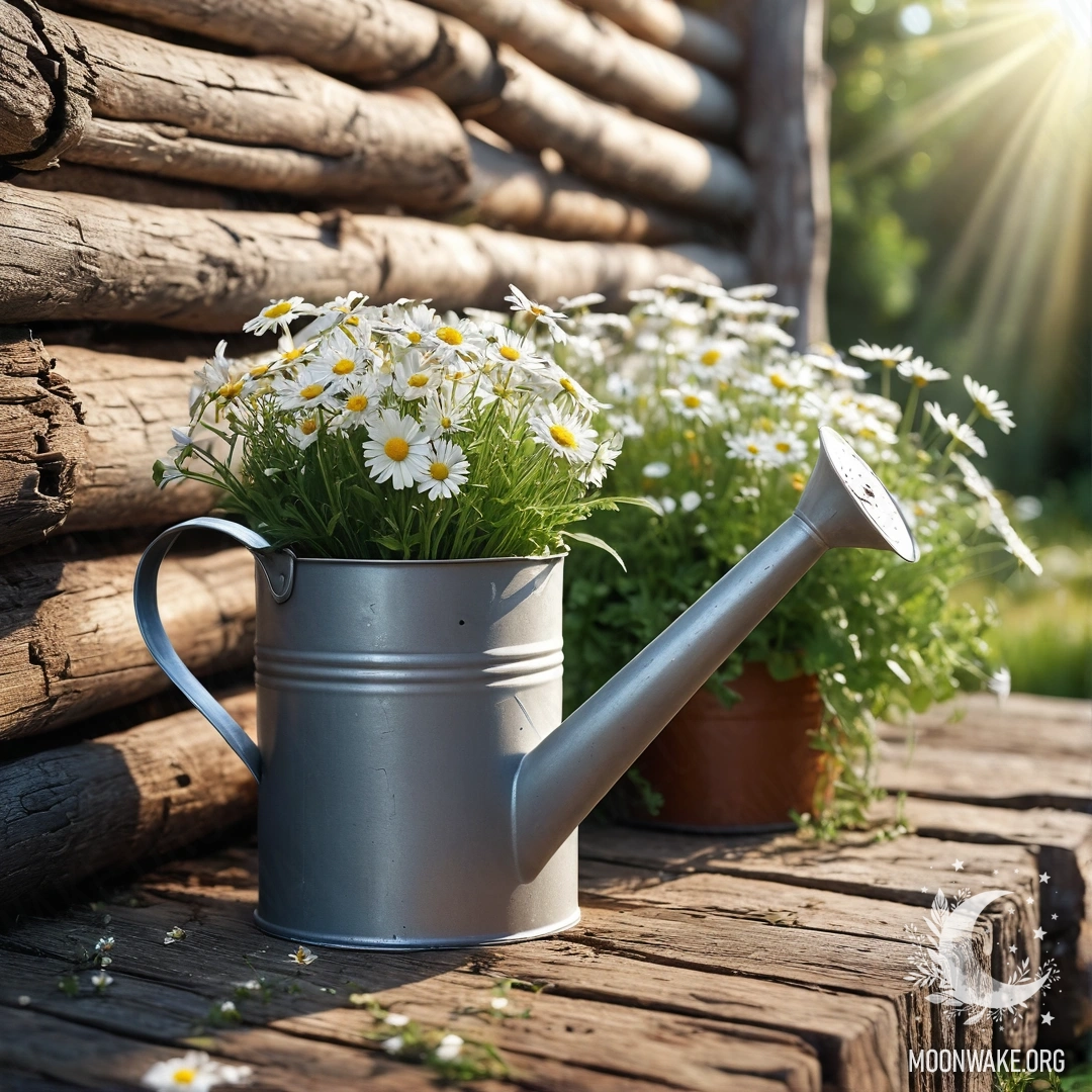A vintage shabby watering can adorned with daisies and field herbs against a log wall, illuminated by sun rays.