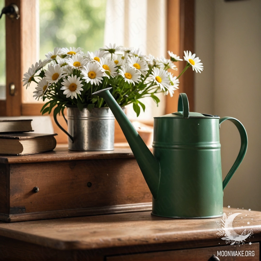 A vintage green watering can with daisies on a nightstand