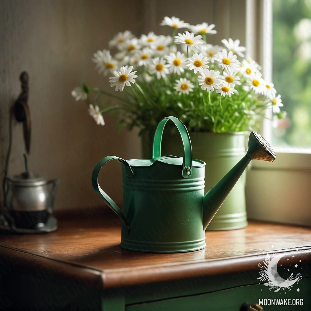 A vintage green watering can adorned with fresh daisies placed on an antique nightstand.