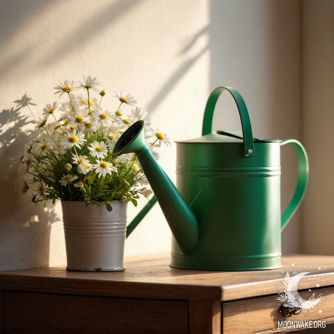 Vintage Watering Can with Daisies A vintage green watering can sitting on a nightstand, adorned with daisies illuminated by soft sun rays.