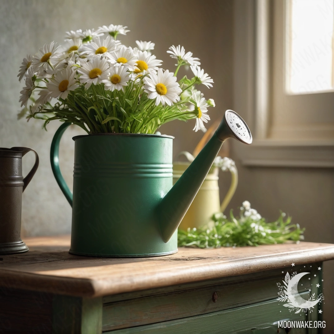 Vintage Watering Can with Daisies A vintage green watering can filled with daisies on a nightstand bathed in soft sunlight.