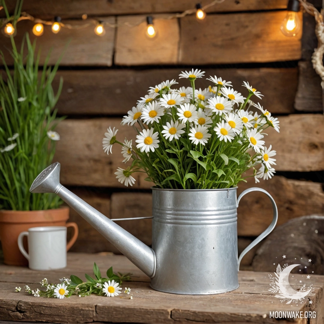 A vintage shabby watering can adorned with daisies and field herbs, set against a log wall.