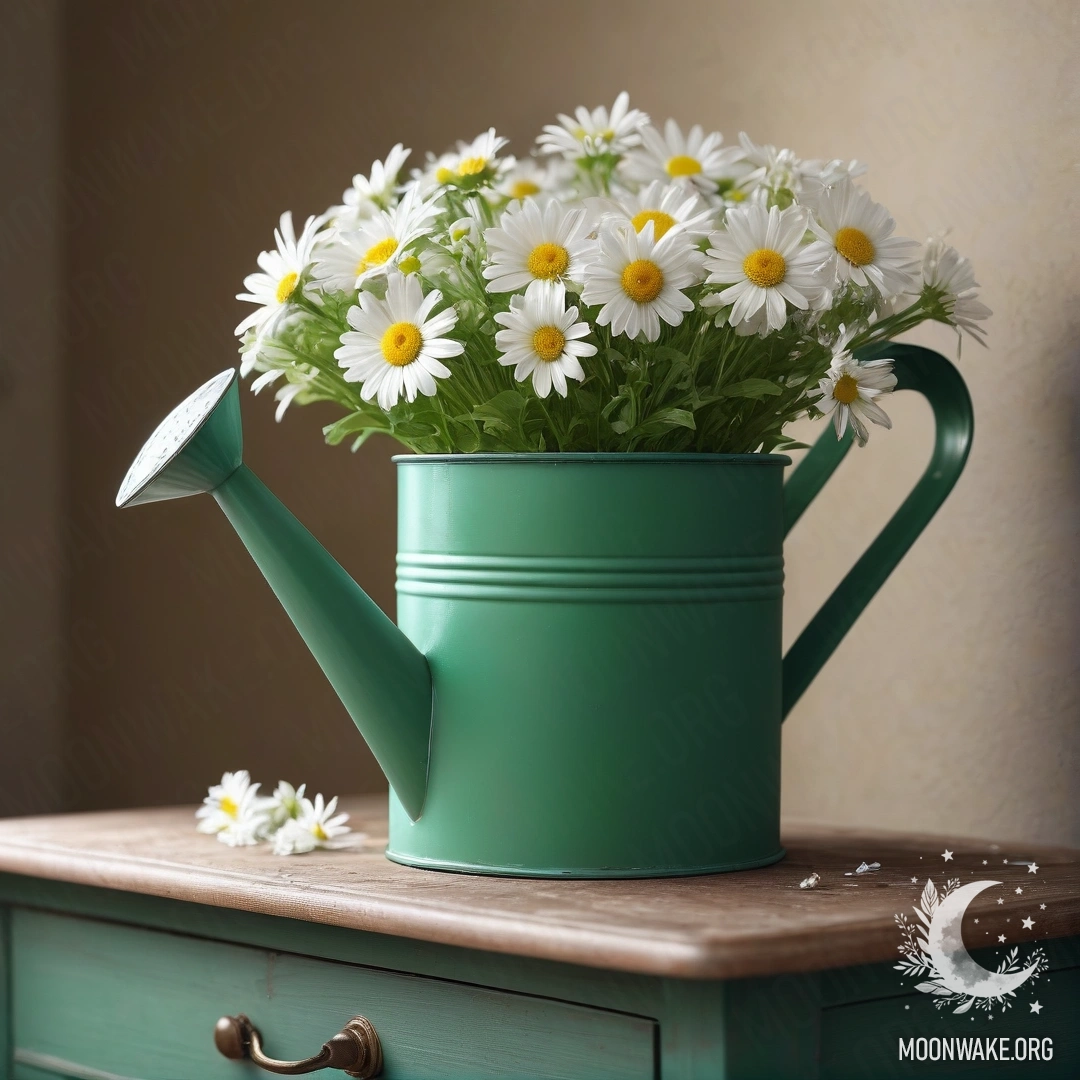 A vintage green watering can adorned with fresh daisies sits on a charming nightstand.