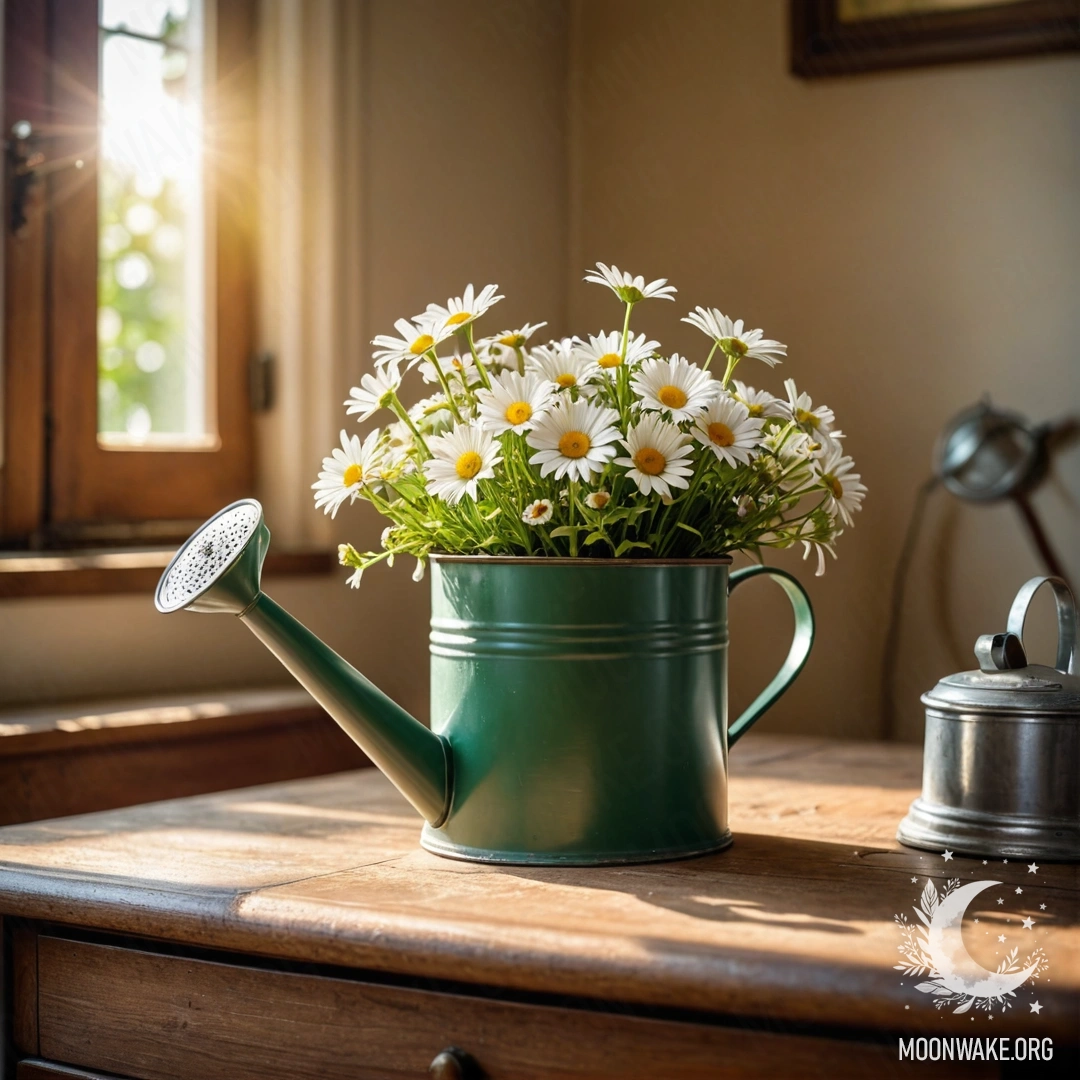 A vintage green watering can adorned with daisies on a nightstand, illuminated by sun rays.