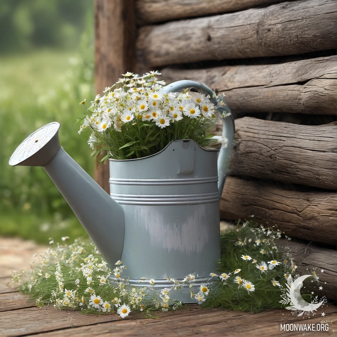 Vintage Watering Can with Daisies A vintage shabby watering can adorned with daisies and field herbs against a log wall, illuminated by a garland light.