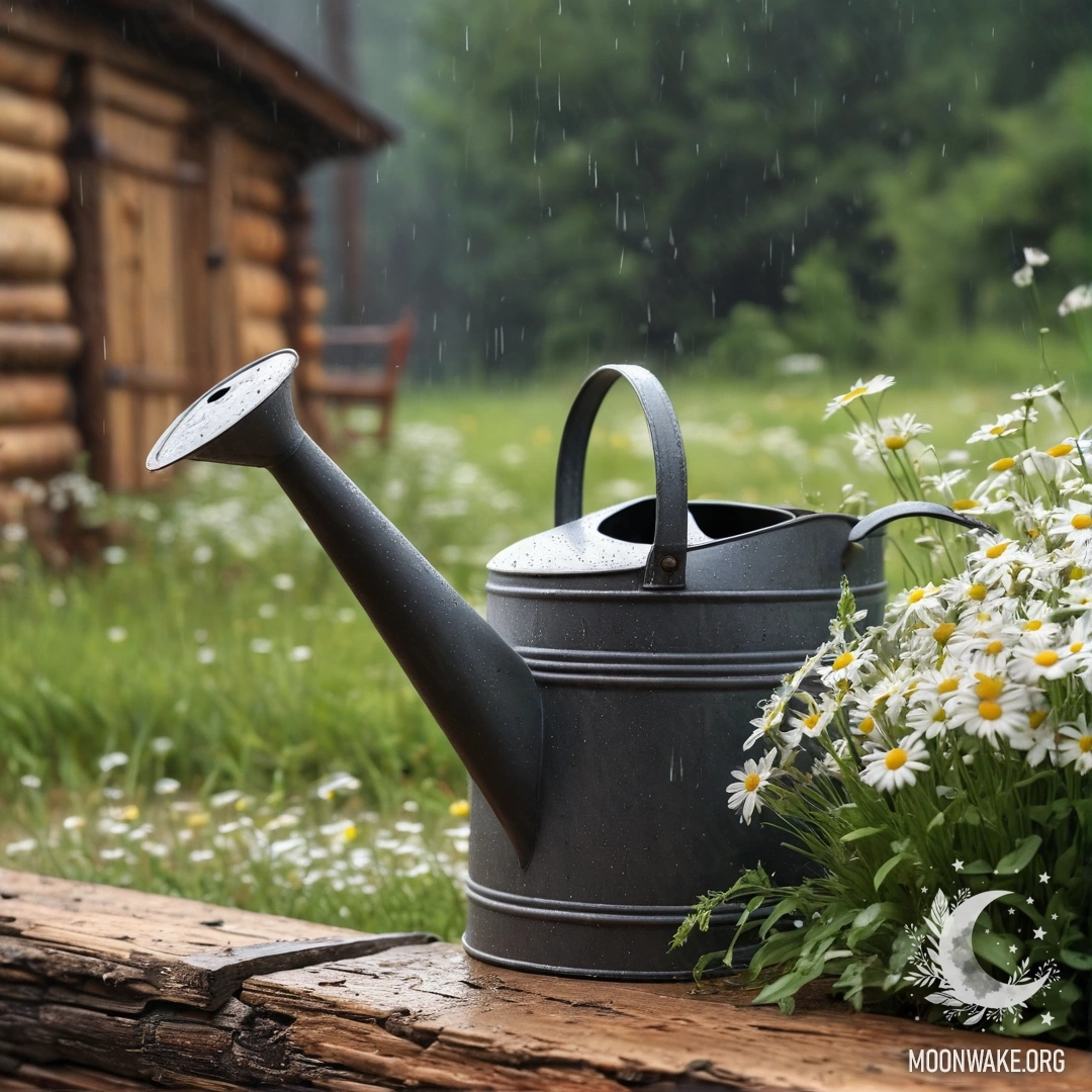 A vintage shabby watering can adorned with daisies and field herbs under the rain, set against a rustic log wall.