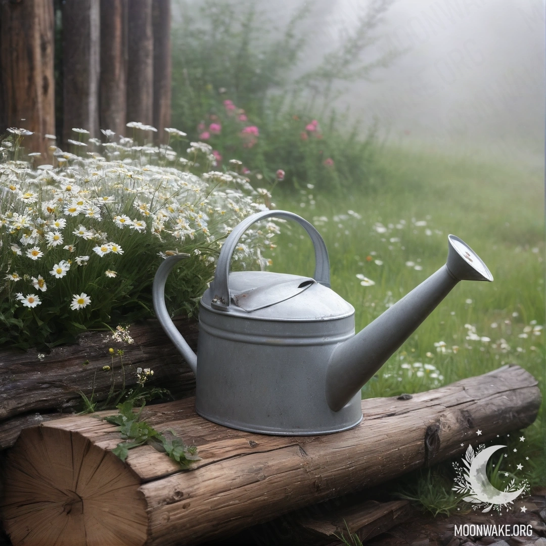 An antique shabby watering can adorned with daisies and field herbs, set against a log wall and surrounded by dense fog.