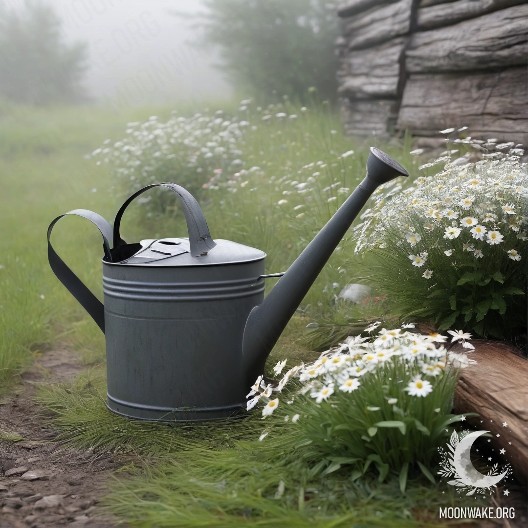 Vintage Watering Can with Daisies in Fog A vintage shabby watering can filled with daisies and herbs against a log wall, surrounded by a dense fog.