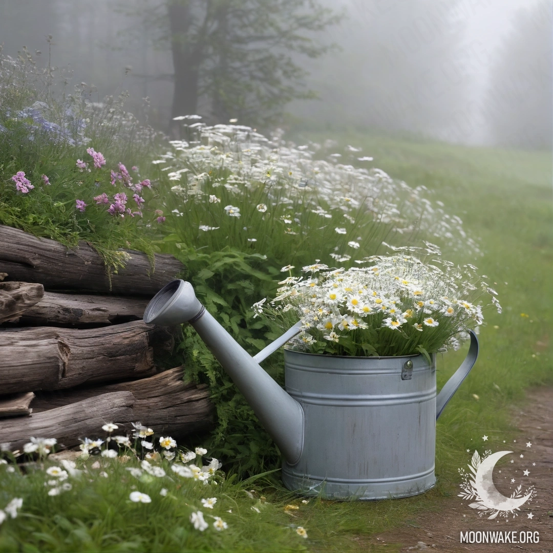 A vintage shabby watering can filled with daisies and field herbs, set against a log wall in a heavy fog.