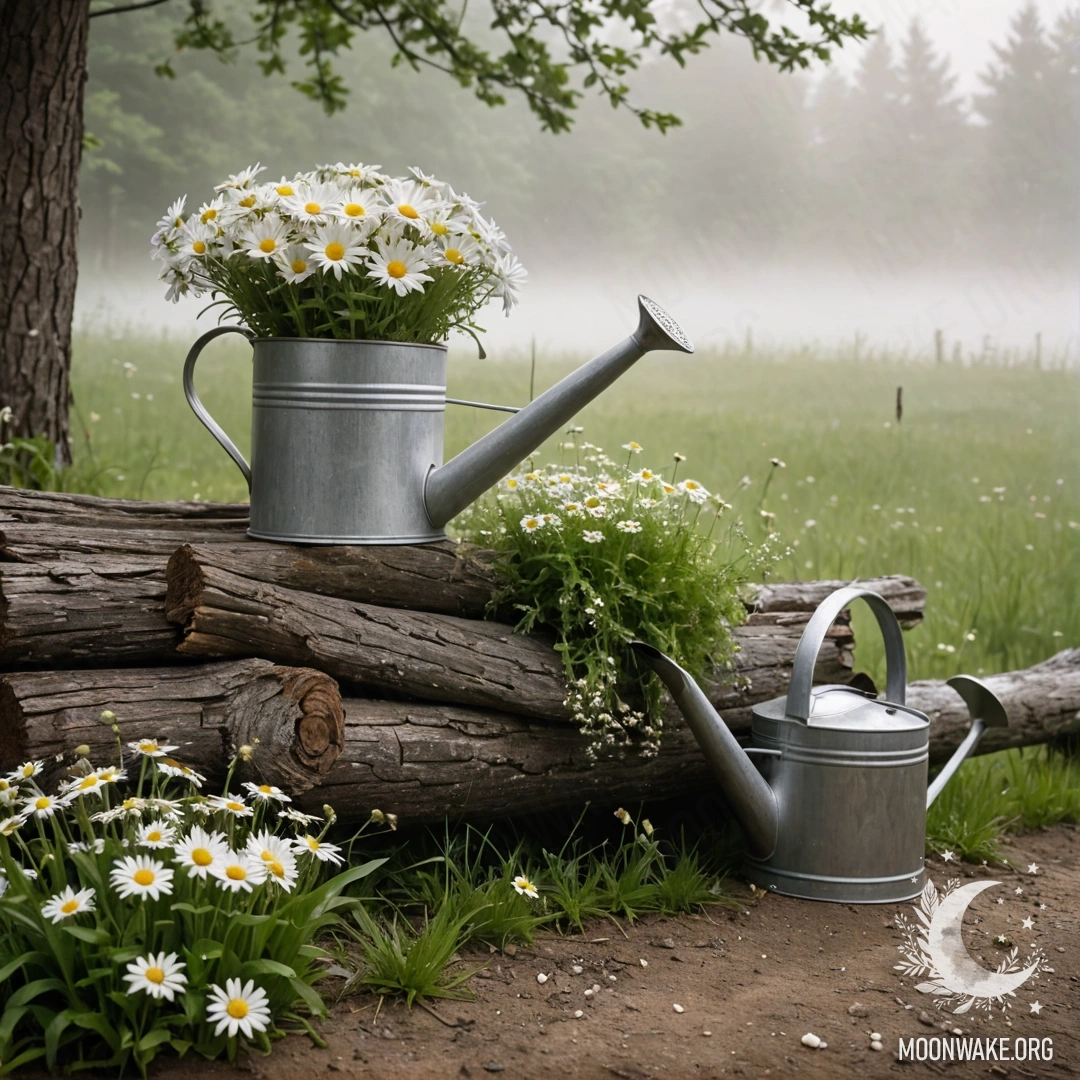 A vintage shabby watering can with daisies and field herbs against a log wall in heavy fog.