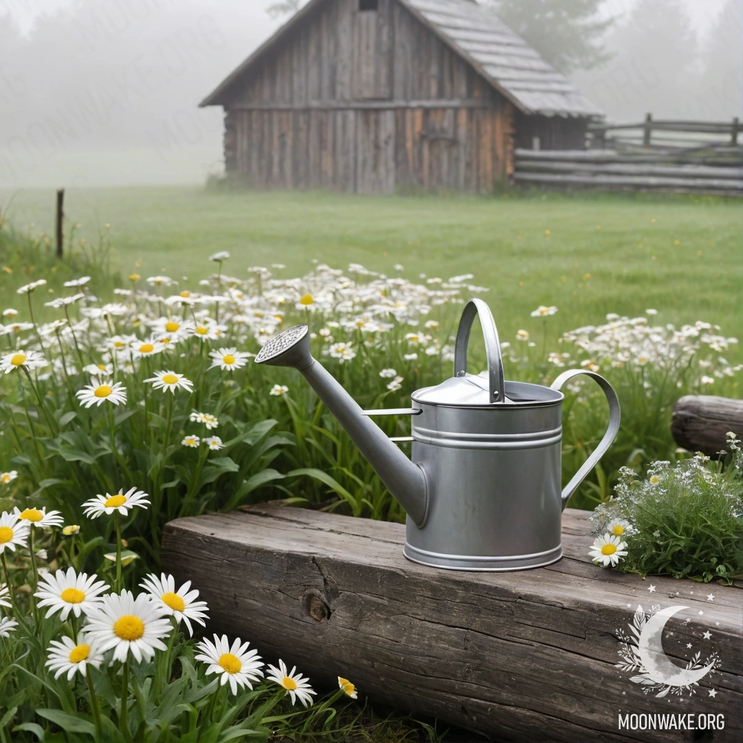 A vintage shabby watering can surrounded by daisies and field herbs against a log wall in dense mist.